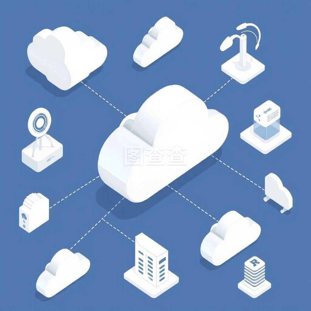 虛線矢量圖連接的云計算基礎(chǔ)設(shè)施元素 大圖標的云服務(wù)等距組合解析
